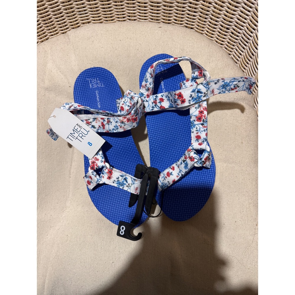 Time and Tru Womens Floral Ankle Strap Sandals Blue White Red Size 8 NEW